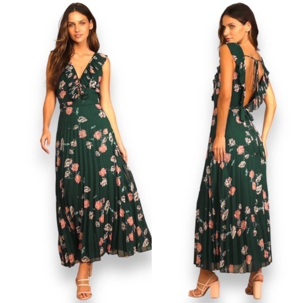 Lulu's Forest Green Floral Maxi Dress with Blush Roses